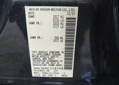 2016 Nissan Altima 2.5 Sv из США, поврежденный, VIN 1N4AL3AP4GC118348